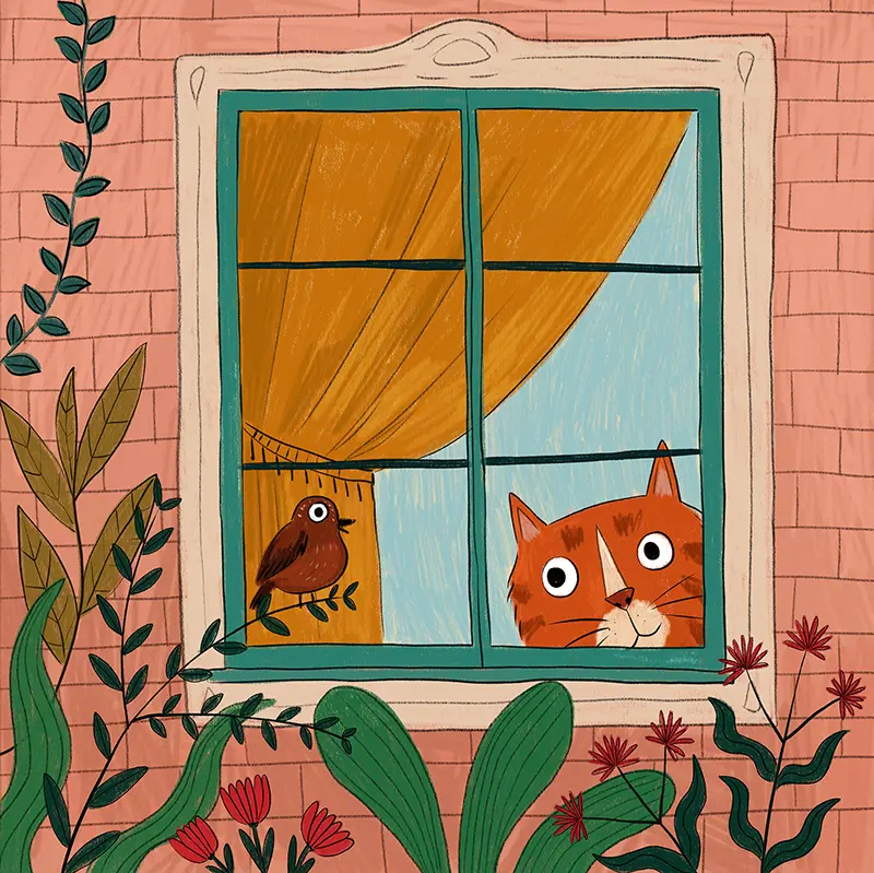 Cat watching a bird through the window