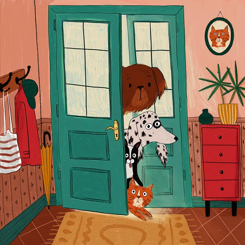 Cat and dogs on the doorstep