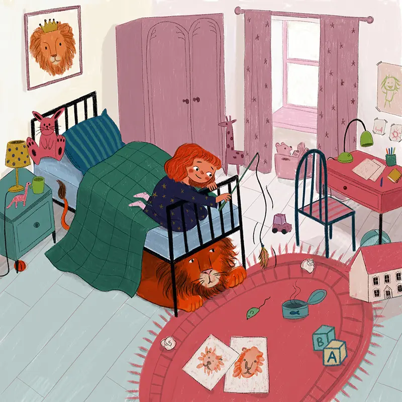 Girl playing with scared lion