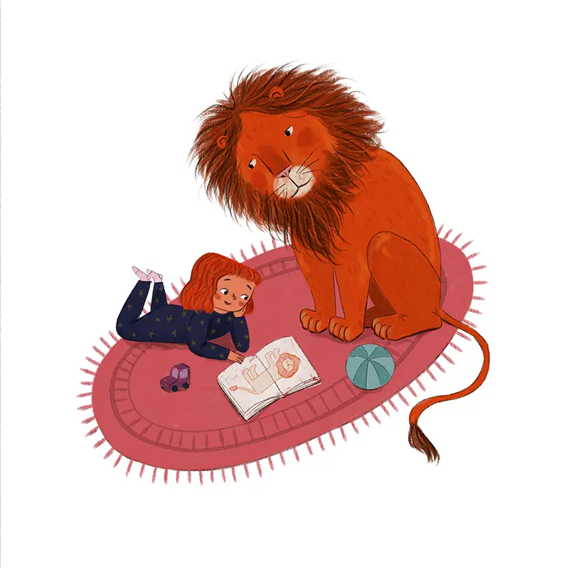 Girl showing drawing to lion