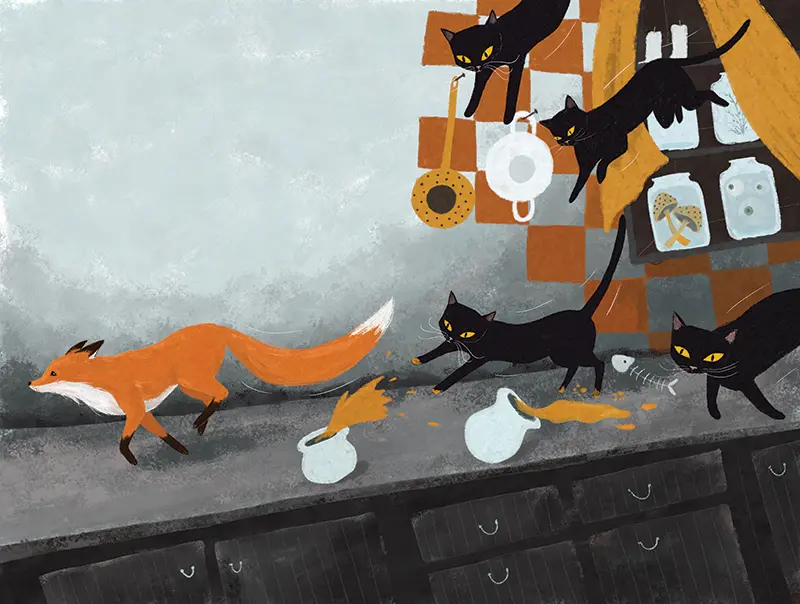 Black cats chasing a fox