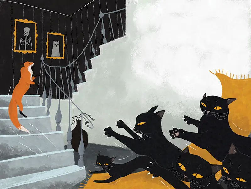 Fox running from black cats